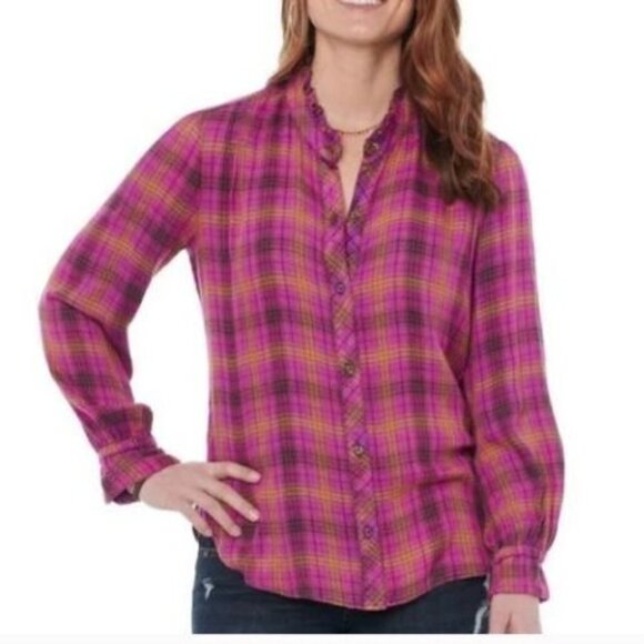 Democracy Ruffle Neck Shirt Blouse Plus Women's Plus Size 2X Purple Plaid - Picture 1 of 9